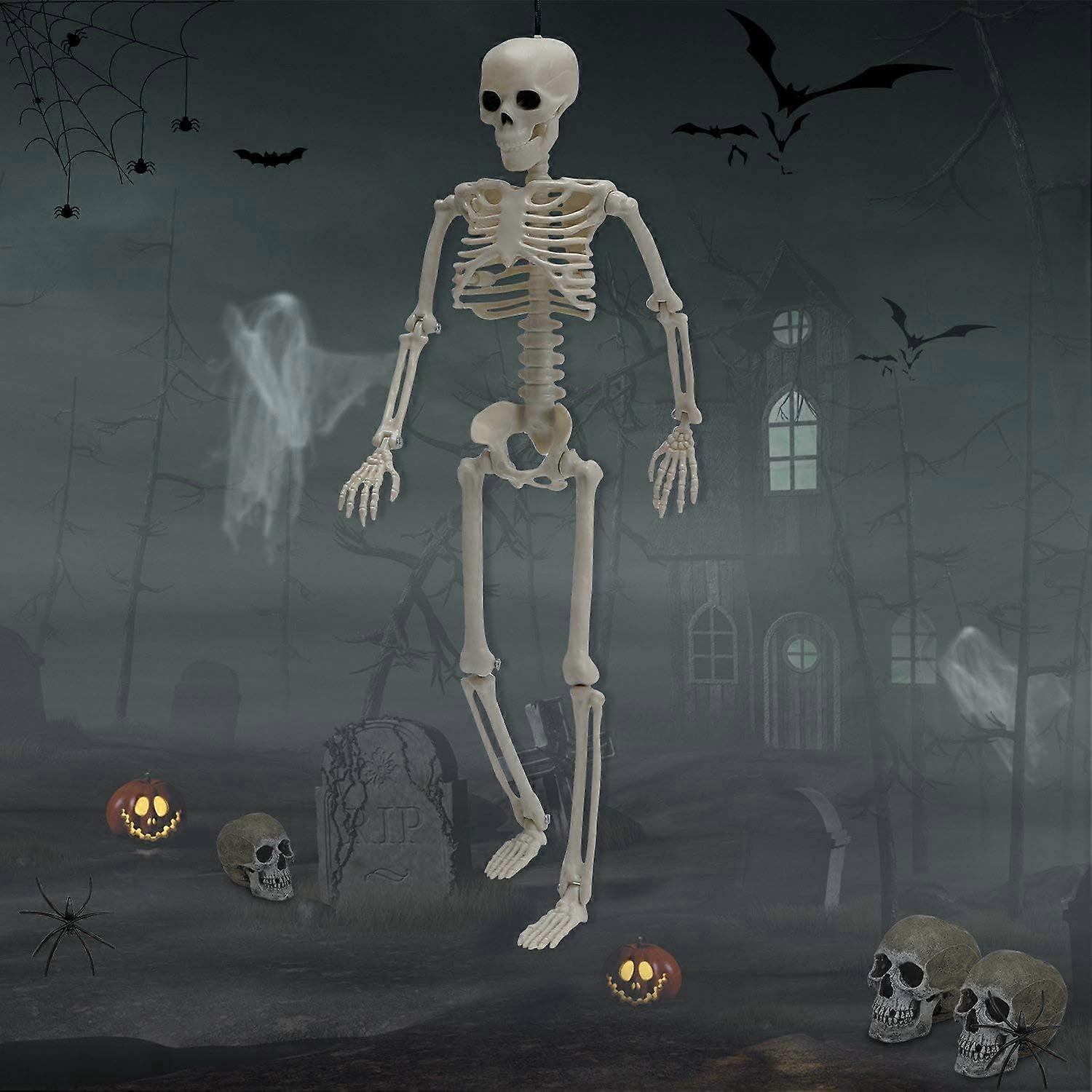 (NEWPATTERN)15 inch Skeleton Halloween Decorations - Posable Skeleton with Movable Joints, Small Plastic Full Body Skeleton for Halloween, Graveyard, 