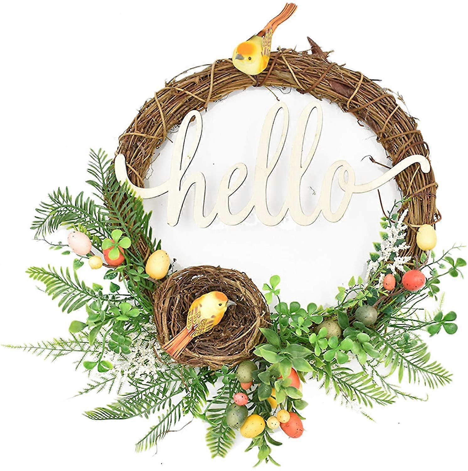 Hello Artificial Forest Wreath With Birds Nest, Easter Eggs, Spring / Summer Front Door