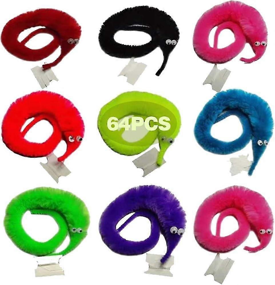 64 Pieces Fuzzy Worm Toys,String Worm Pets Fuzzy Worms On String Bulk Trick Toy Party Favors for Kid Cat(8 Colors)