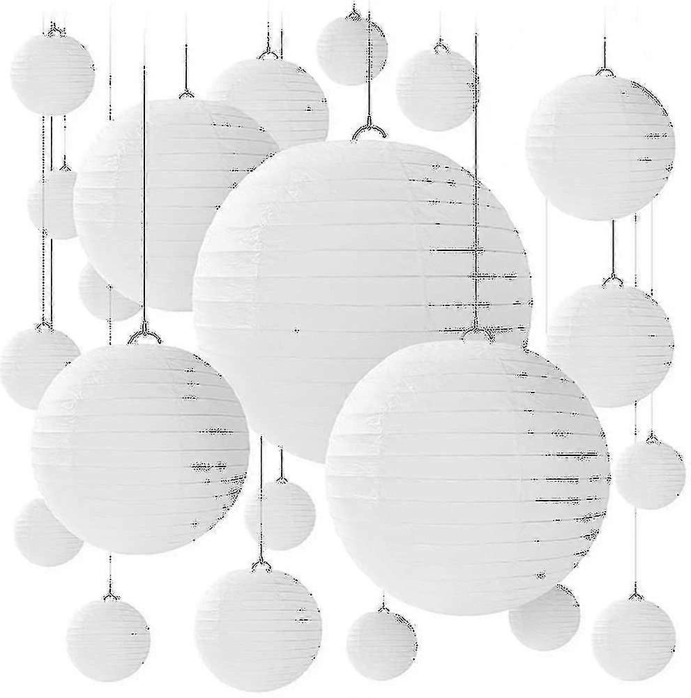 20 Pcs White Round Paper Lanterns With Wire Ribbing, Different Sized
