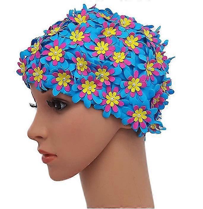 Floral Print Swim Cap, Retro Style, For Women, Blue