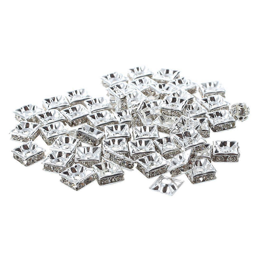 50 Silver Square Rhinestone Rondelle Spacer Beads 8mm Hot