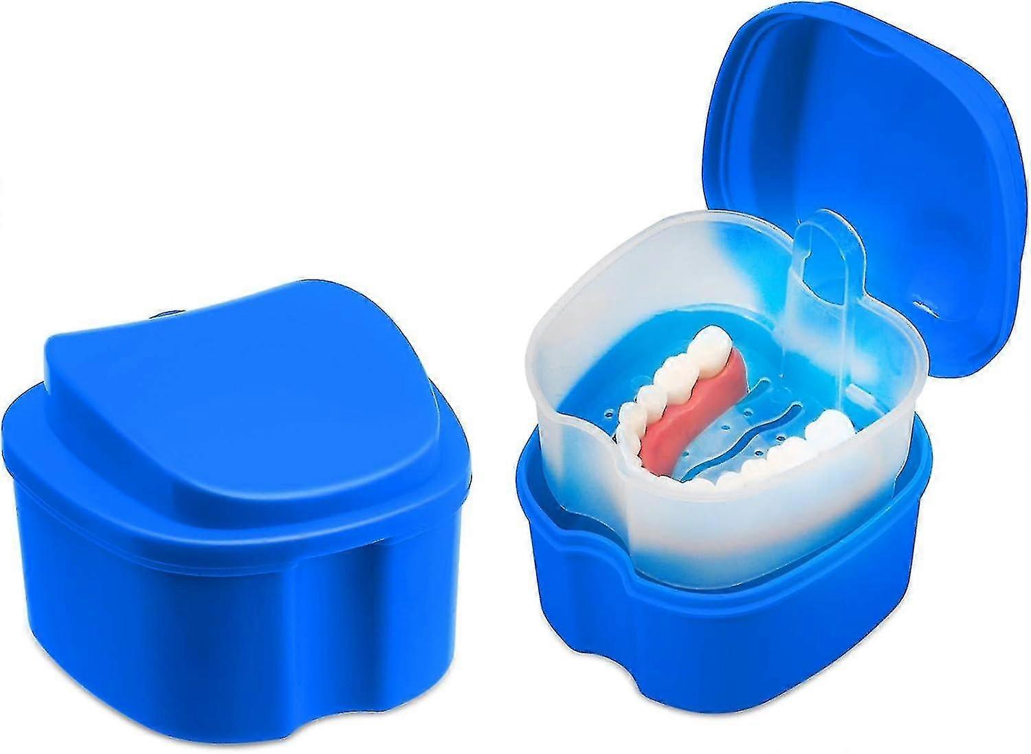 1pcs Denture Box Portable Retainer Case With Drain Basket Dark Blue