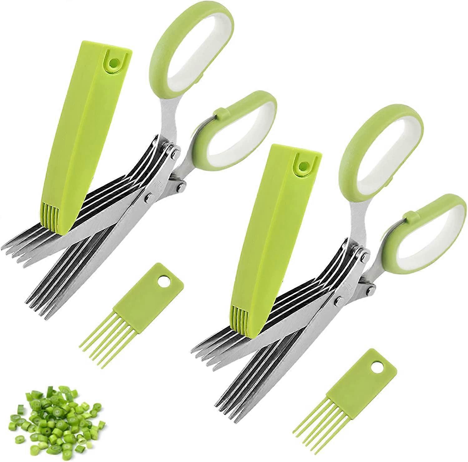 2 Packs Herb Scissors Set, Multipurpose 5 Blade Kitchen Shears with Safety Cover and Cleaning Comb, Sharp and Anti-rust Herb Scissors Set for Cutting