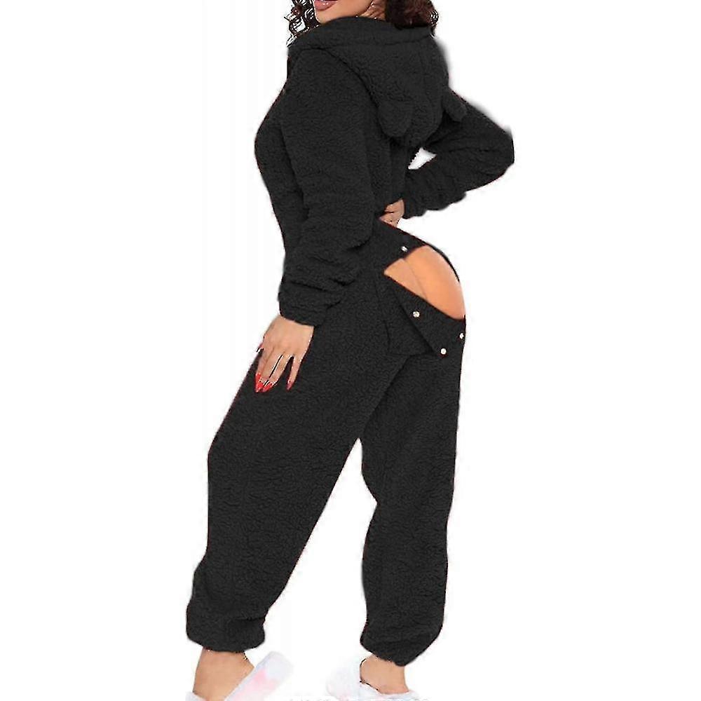 סקסי פיג'מת Onesie למבוגרים לנשים דש ישבן פליז קפוצ'ון חתיכה אחת פיג'מות בגדי שינה רכים, שחור שישי OLG