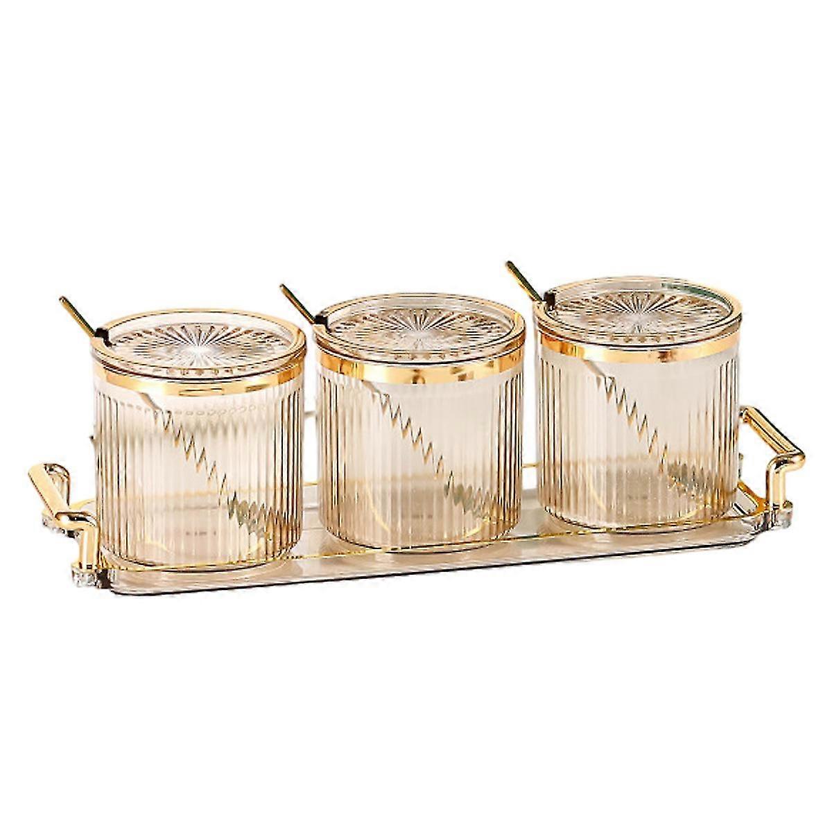 Kxj-3 Pcs Acrylic Condiment Spice Jars,condiment Spice Box With Lids And Spoons And Tray,clear Plastic Seasoning Box Canistersset For Kitchen To Stora