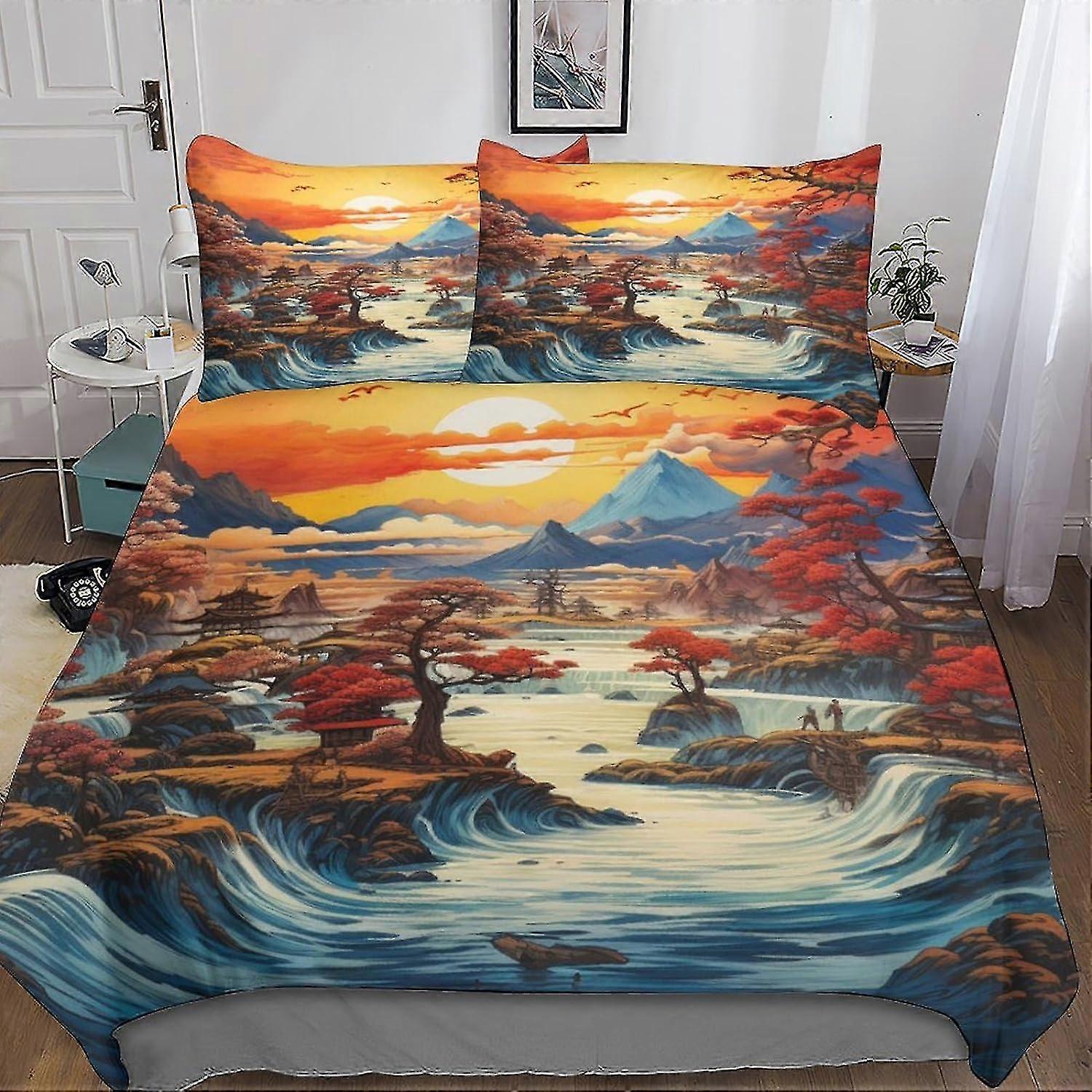 o5326 Lençóis Conjunto de Cama River Conjunto de Capa de Edredão para Impressão 3D Conjunto de 3 Peças Macio Respirável Pôr do Sol Capa de Edredom Capa de Colcha com Fecho de Zíper 