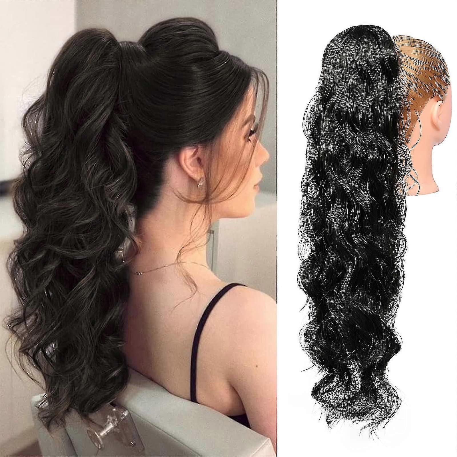 Extension de cheveux en queue de cheval à ondes longues de 24 pouces, postiche en queue de cheval (noir)