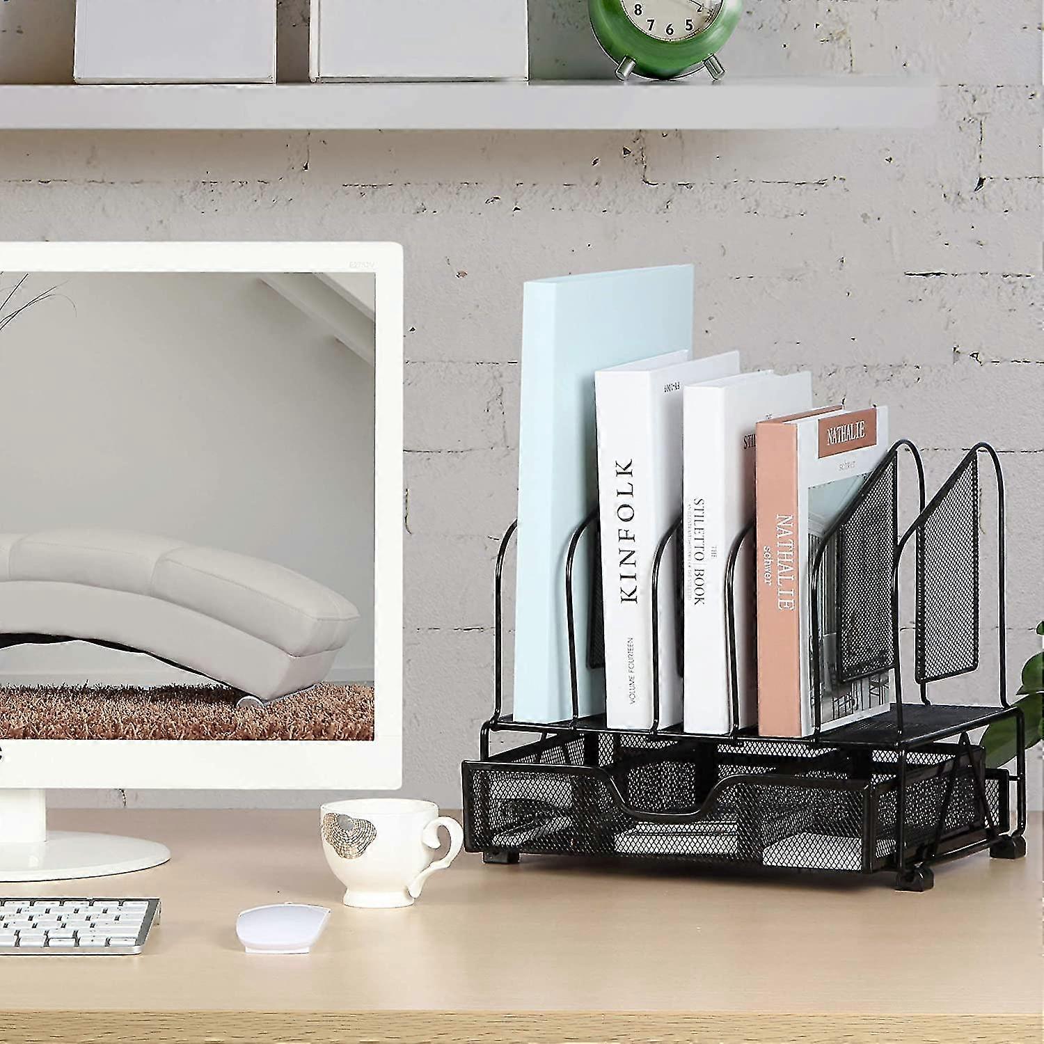Office Desk Organizers And Accessories With Drawer, 5 Upright Slots File Folder Storage Desktop Organizer, Mesh Desk Supplies Organization Rack For Of