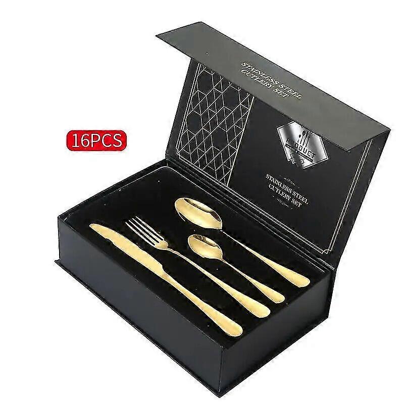 طقم أواني فضية ذهبية مع صندوق، طقم أدوات مائدة ذهبية من الفولاذ المقاوم للصدأ 16/24 قطعة أدوات مائدة هووسورمينغ ، سكين أدوات المطبخ fo -yyds