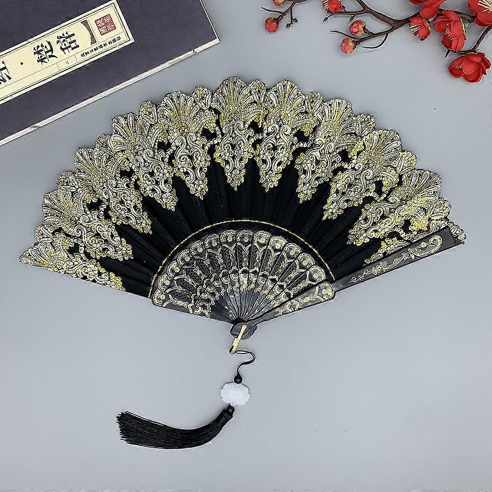 Éventail à main brodé, élégant et pliable, avec pompon