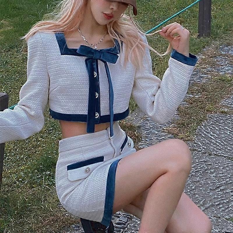 2023 Spring Kawaii Two Piece Set Femmes Manches Longues Bow Designer Jupe Set Patchwork Korean Fashion Party Mini Jupe Costume Femme