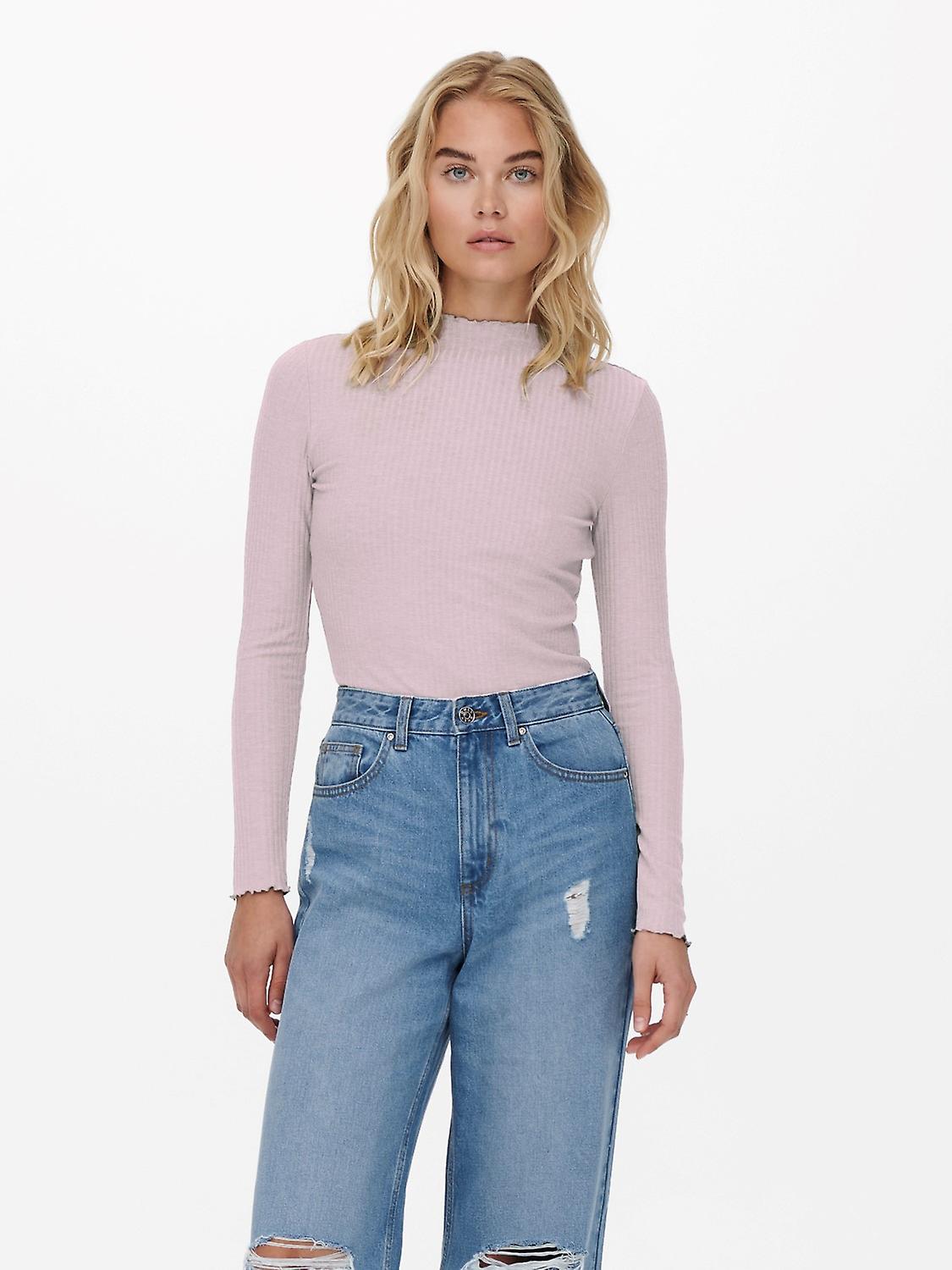 ALLEEN vrouwen dunne longsleeve geribbelde lange mouw shirt stand-up kraag basic