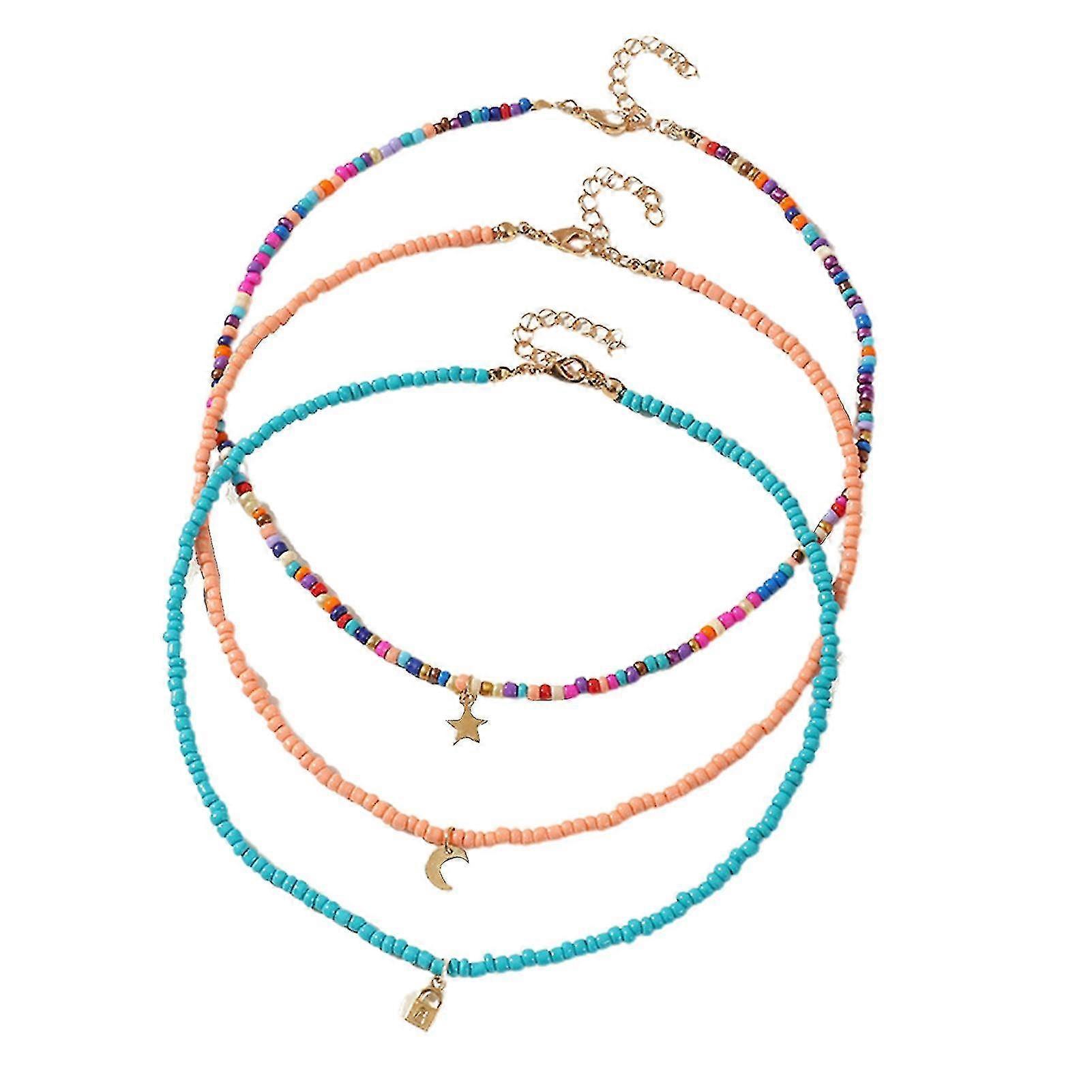 3pcs/set Beads Choker Colorful Skin-friendly Handmade Star Moon Pendant Necklace For Daily Wear