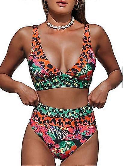 Traje de bao de cintura alta con patchwork de lunares de leopardo