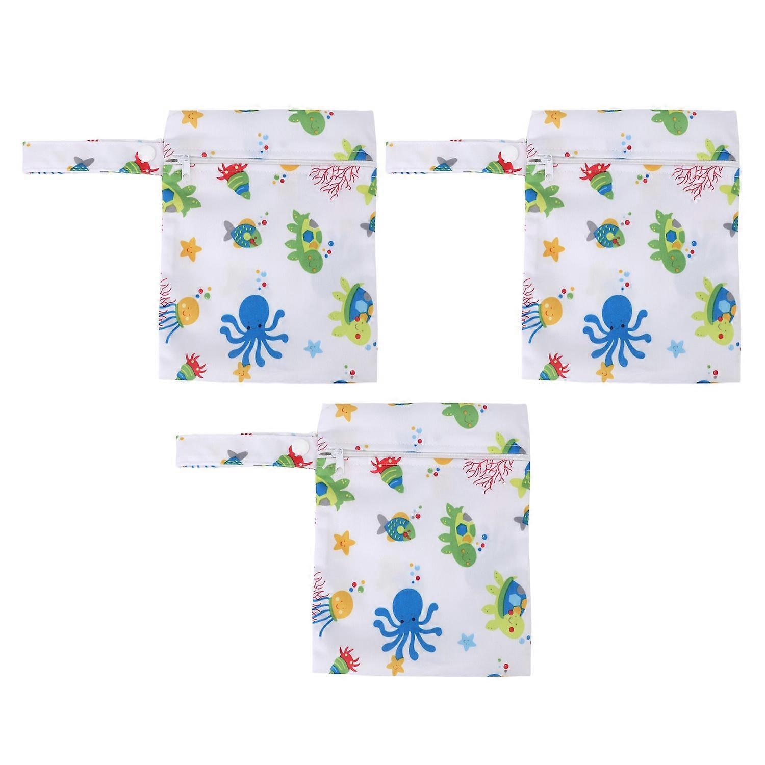 3pcs Wet Dry Bags for Diaper Bag Water Resistant Reusable Zipper Closure Snap Handle Printed Cloth D