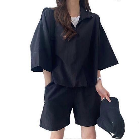 2 Pcs/Set Summer Tracksuit Zippered High Collar Lapel Sleeves Loose Top High Waist Solid Color Shorts