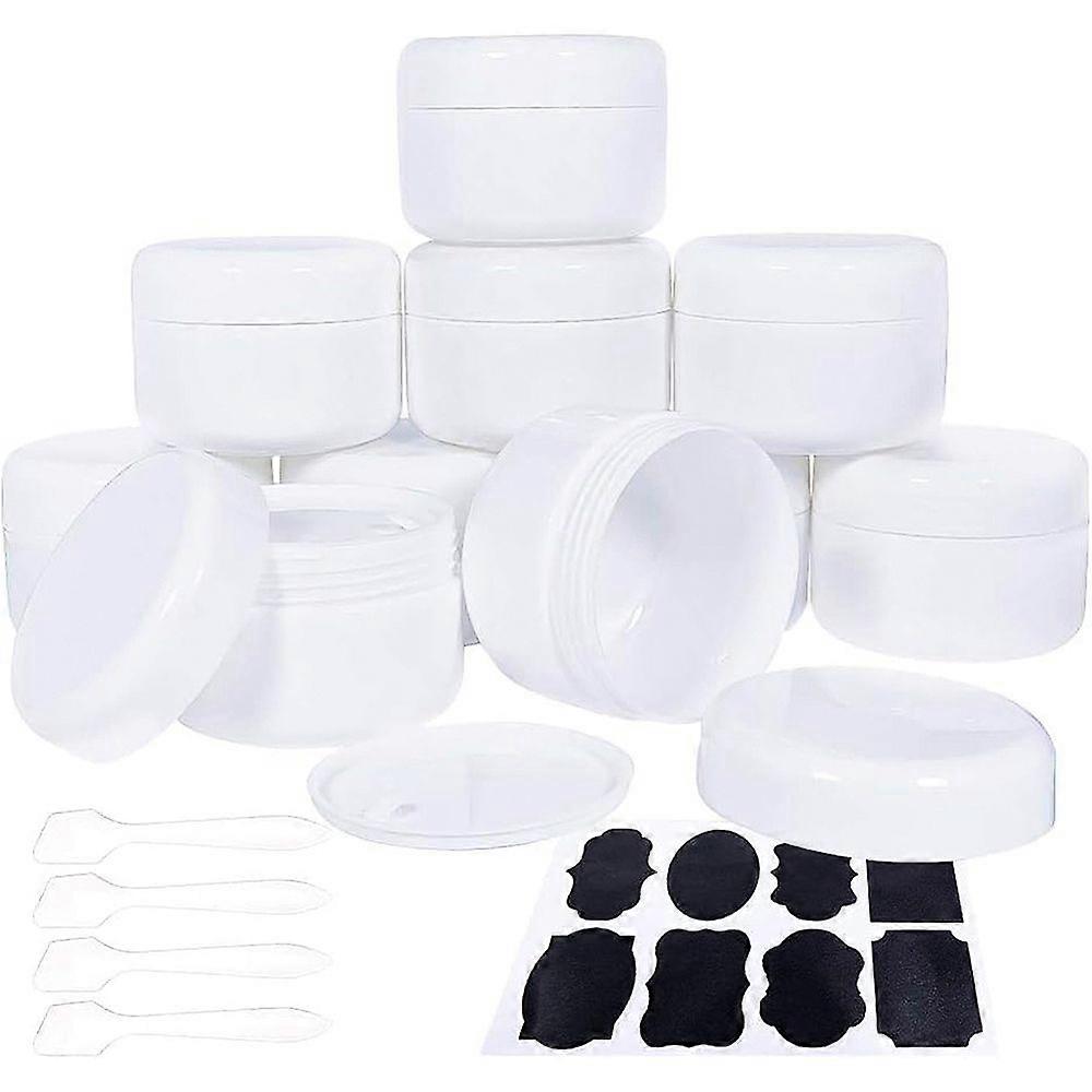 1Set 10 Pack 100ml White Plastic Cosmetic Jars with Inner Liner Dome Lids 2 Sheets Labels 4 Mask Spoons for Beauty Product and Cosmetic Samples