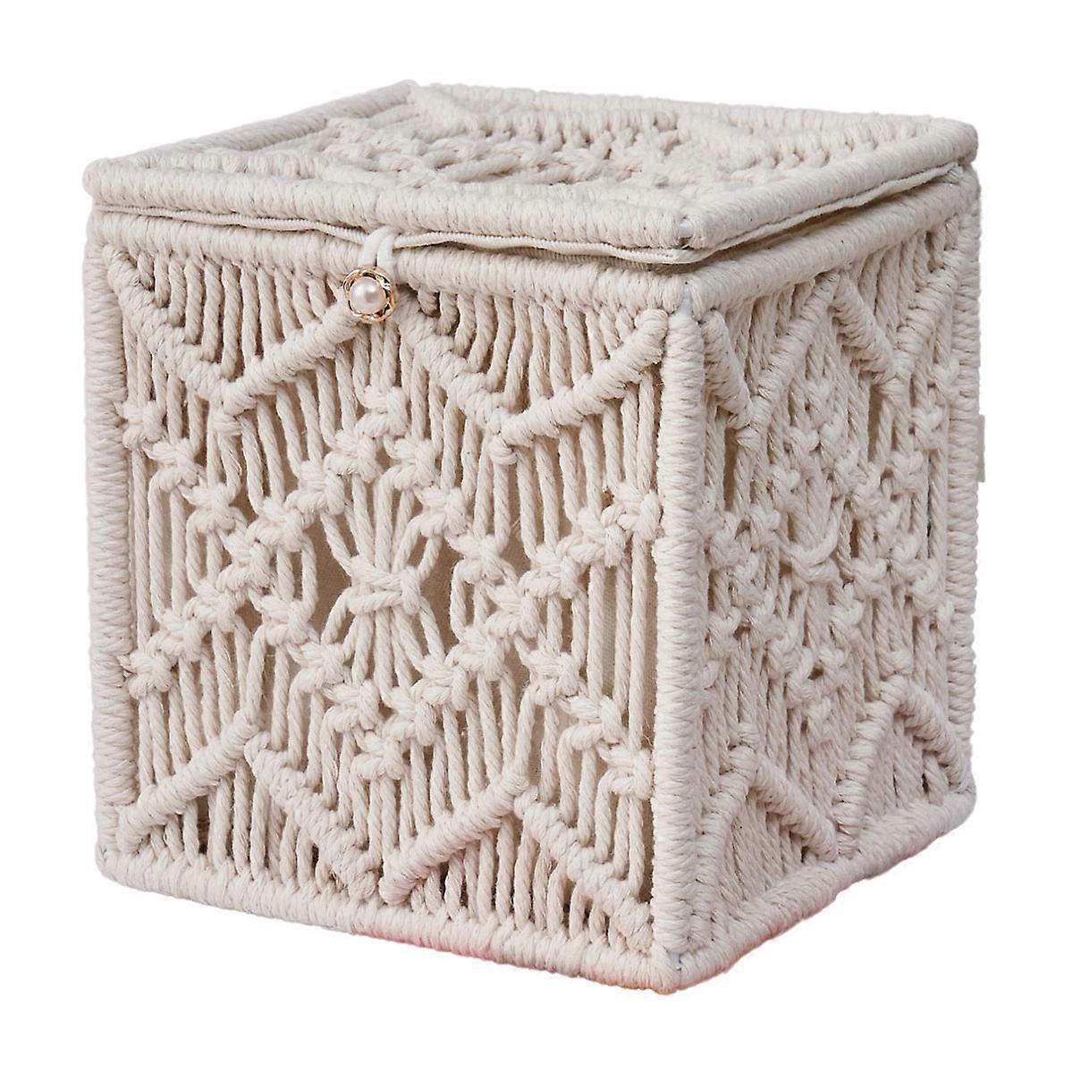 Tissue Box Cover Boho Square Makramee Taschentuchhalter für Badezimmer Bauernhaus Serviettenhalter mit Perlenschnalle gewebt