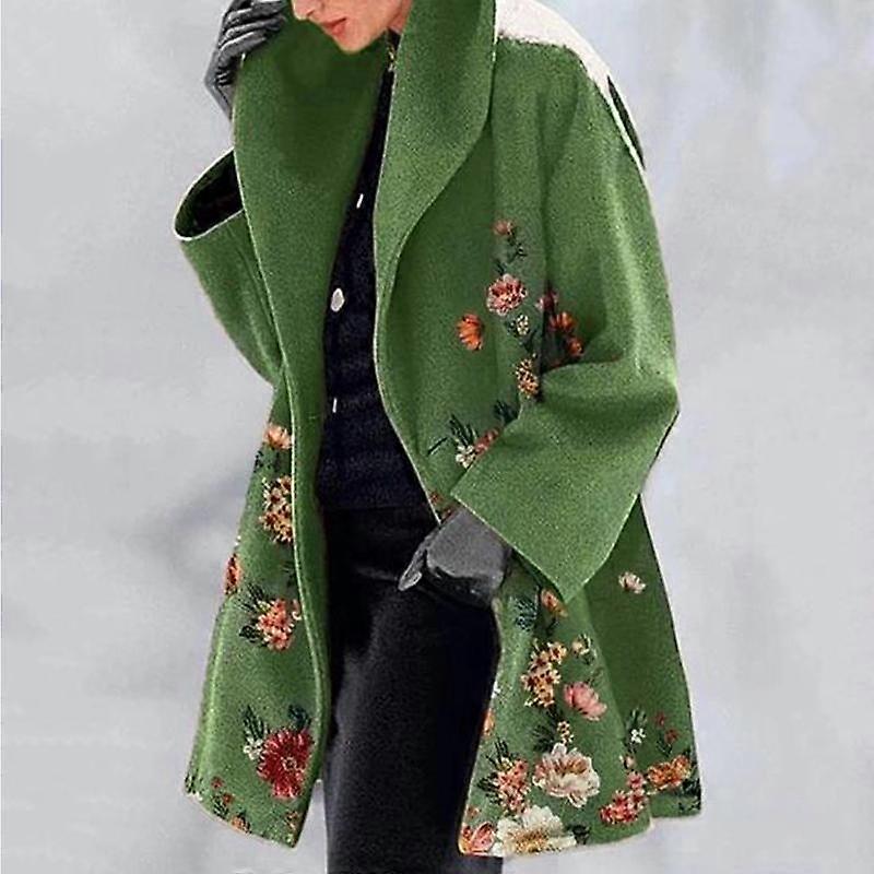 Women Jacket Elegant Plus Size Floral Print Overcoat for Women Thick Warm Mid Length Cardigan Coat with Turn-down Collar Stylish Coat
