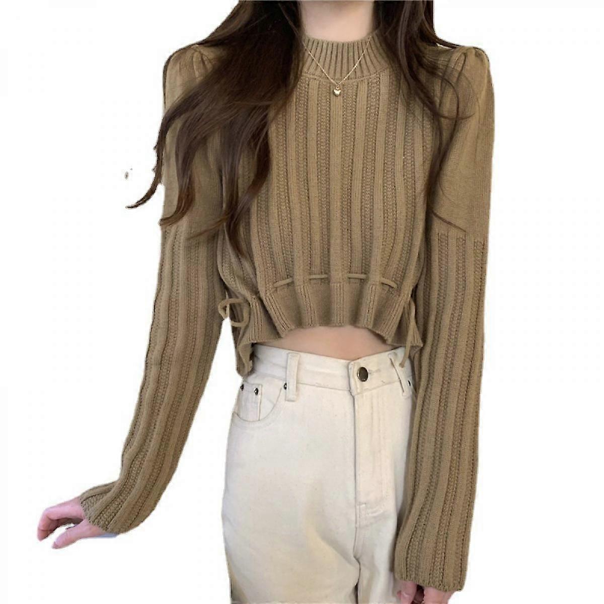 Damen Rundhalsausschnitt Langarm Pullover Crop Pullover Gerippter Strickpullover Pullover