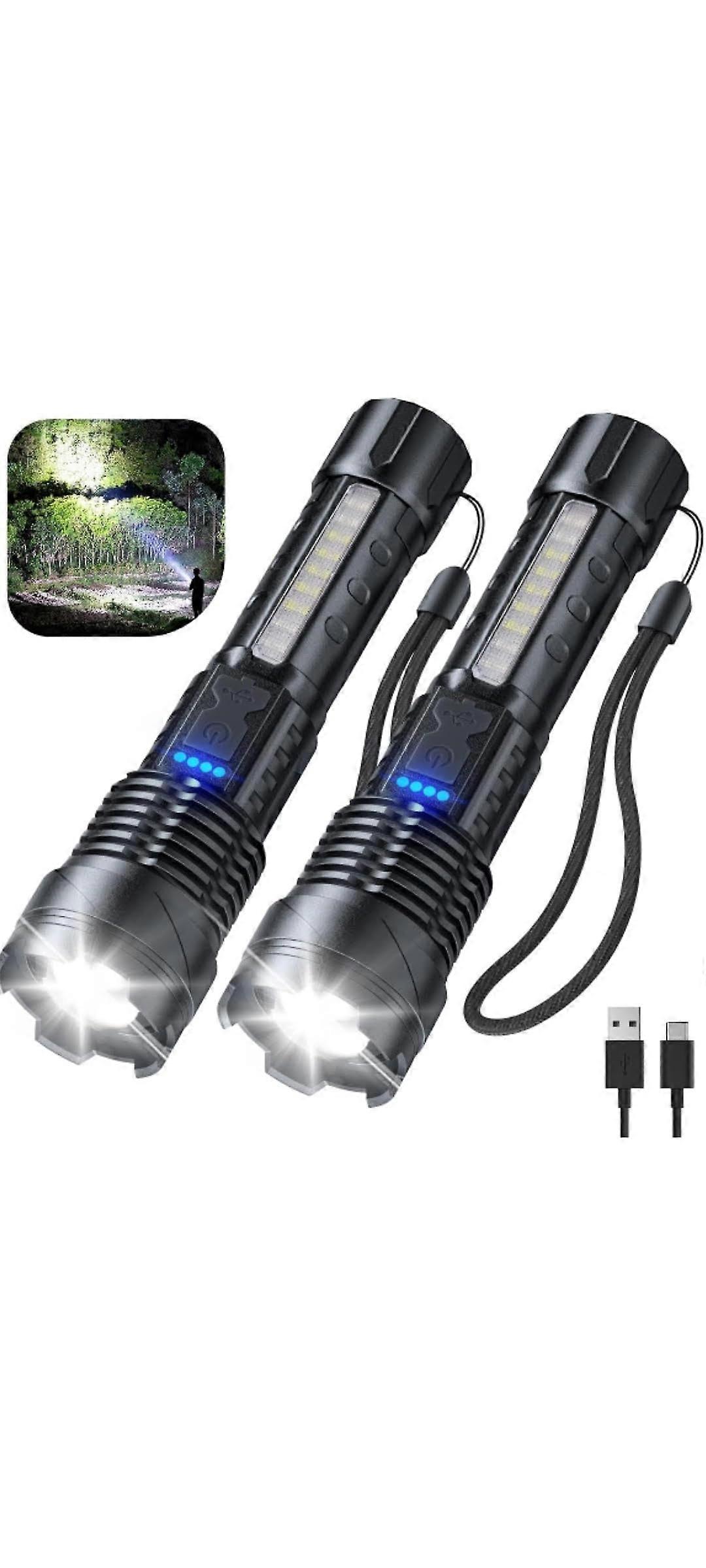 Tactical LED Handheld Flashlights USB Rechargeable Set 2 With Wrist Straps 7 Modes Red White Emergency Flashers Hunters