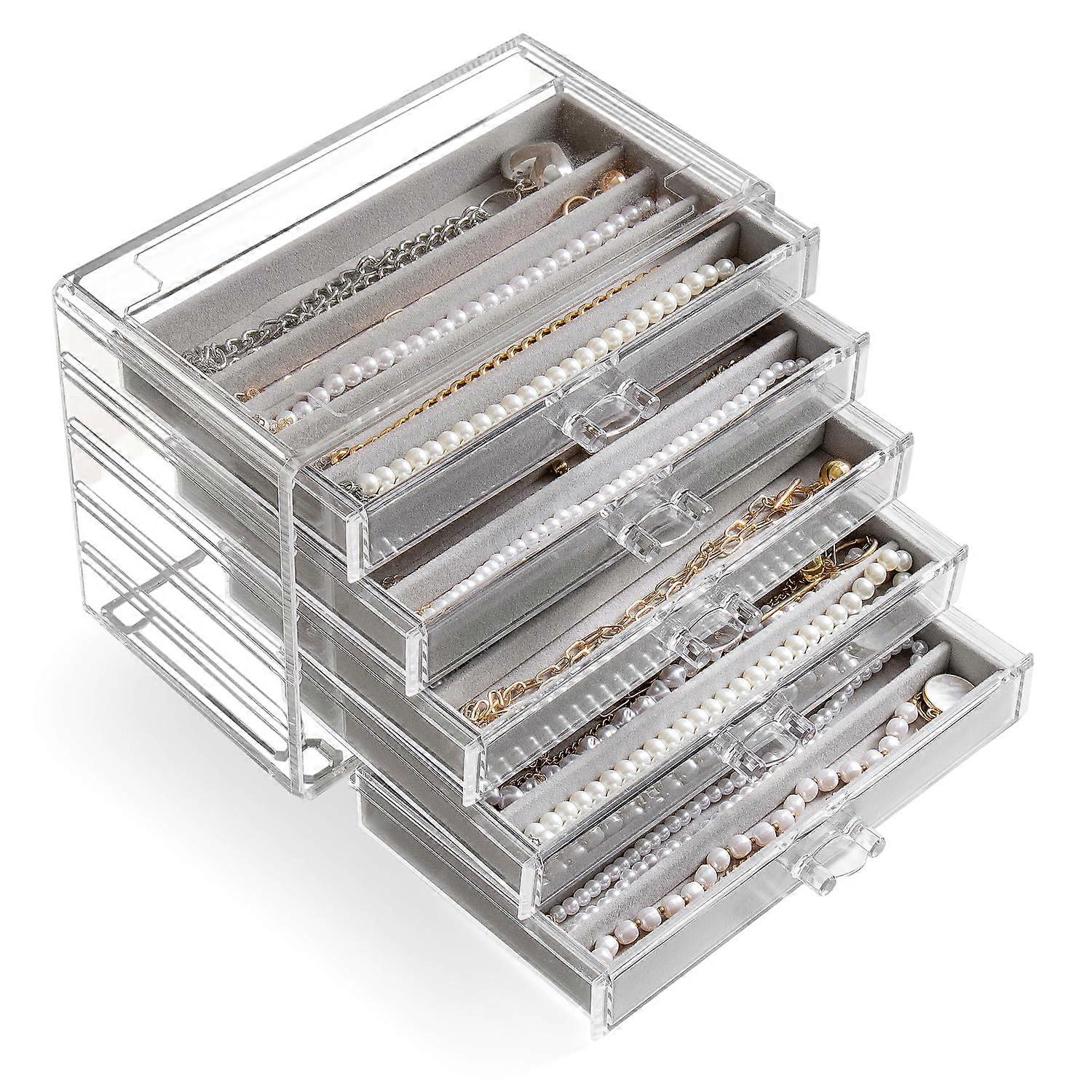 Yufongネックレスホルダー収納ボックス、ほこりっぽいネックレスボックスベルベットネックレス収納ボックス、(グレー、5引き出し)