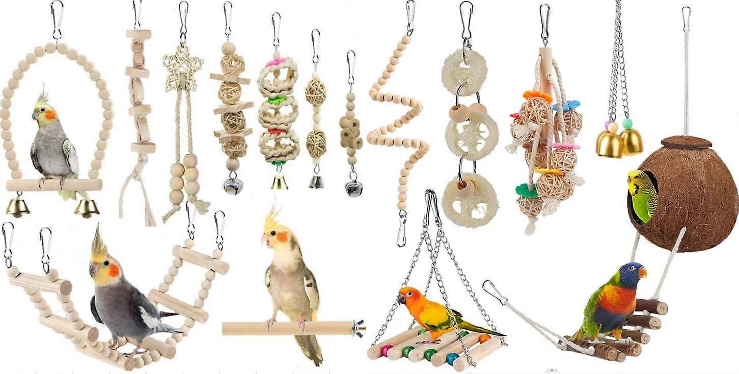 Bird Parrot Swing Toys Natural Coconut Perch with Ladder for Small Birds, Hammock Hideaway for Bird Cages