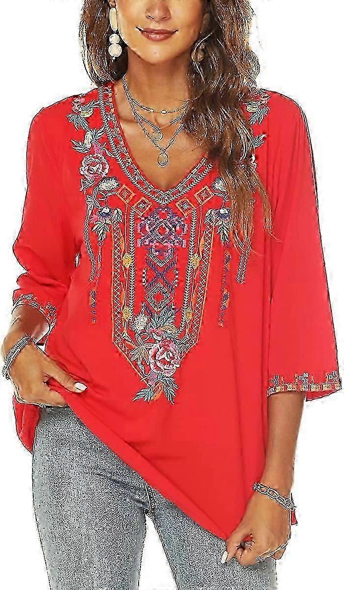 المرأة الصيف بوهو التطريز المكسيكي البوهيمي قمم الخامس الرقبة 3/4 كم السببية فضفاضة قميص بلوزة تونيك