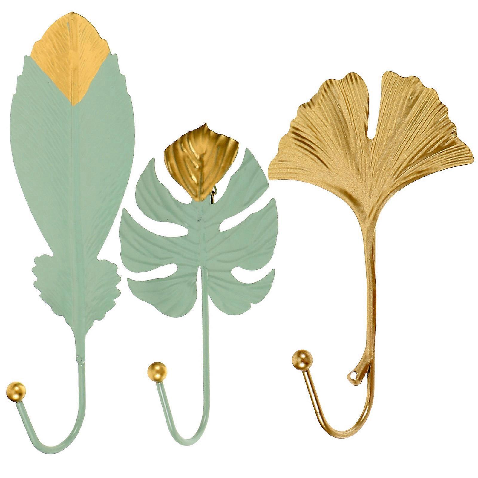 Luxurious Ginkgo Leaf Shaped Decorative Hooks for Wall Mount Assorted Color Iron 3 Pieces