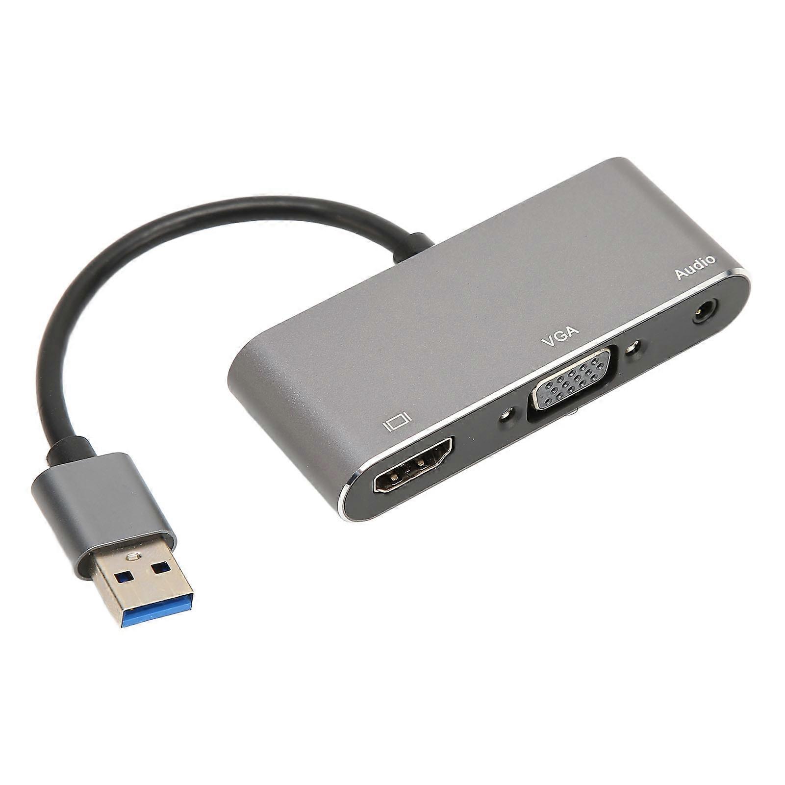 USB 3.0 to VGA High Definition Multimedia Interface Adapter, 1080P USB Split Screen, Free Drive, 3-in-1 Hub Silver Gray