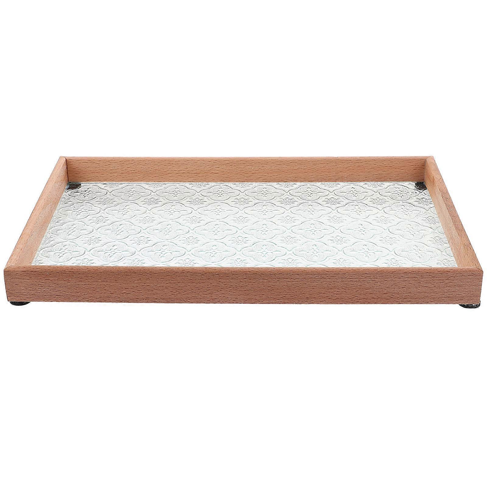 Coffee Table Tray Glass Flower Pattern Wood Rectangle Tray For Hosts Chocolate 12.4X7.7X1.0in Storage Tray 1Pcs
