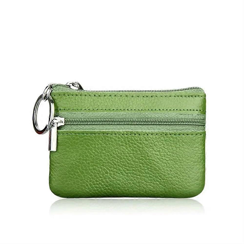 Mini Leather Wallet, Multi-Color Genuine Cowhide, Zipper Coin Pouch, Key Case, Green 2, One Size