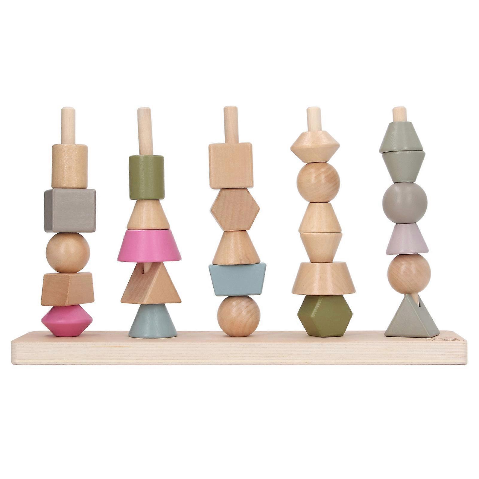 Stack Matching Set Educational Wood with 10 Cards Geometric Shape Blocks Stacking Toy for Kids