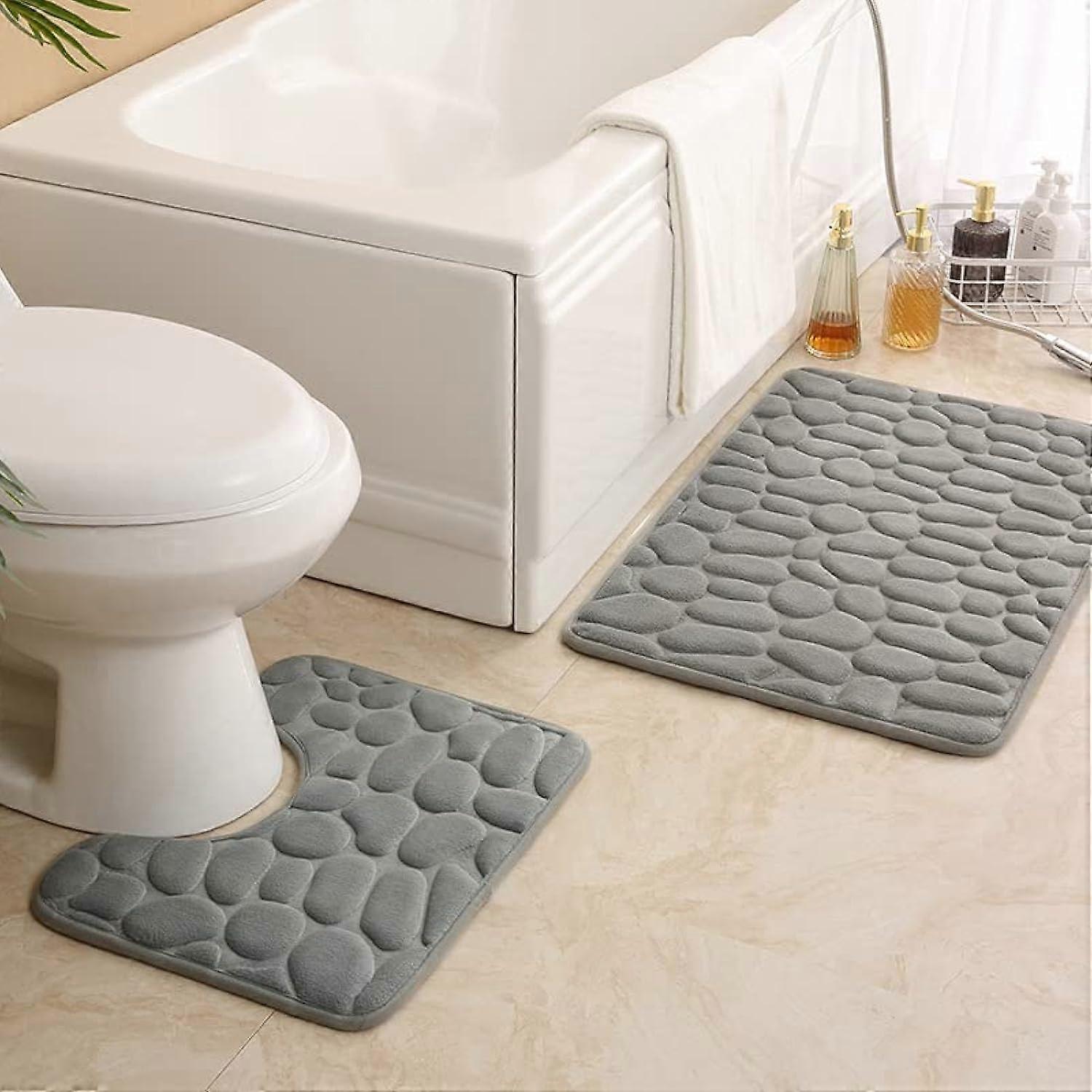 Non-Slip Bath Mat Set 50 x 80 cm and 50 x 40 cm, Soft Cobblestone Pattern, Washable Grey Bathroom Rugs