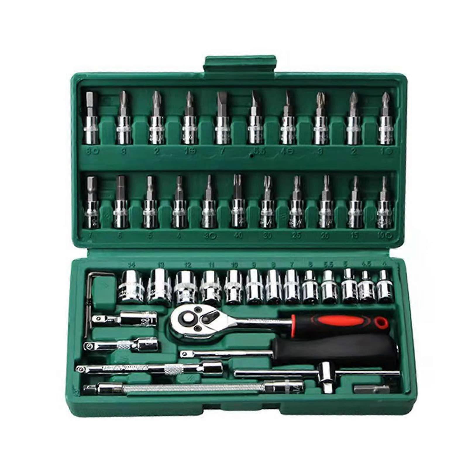 46pcs 1/4 Inch Drive Wrench Screwdriver Bits Set Metric Flexible Extension Rods for Reversible Extensions, Sockets, Wrench Green