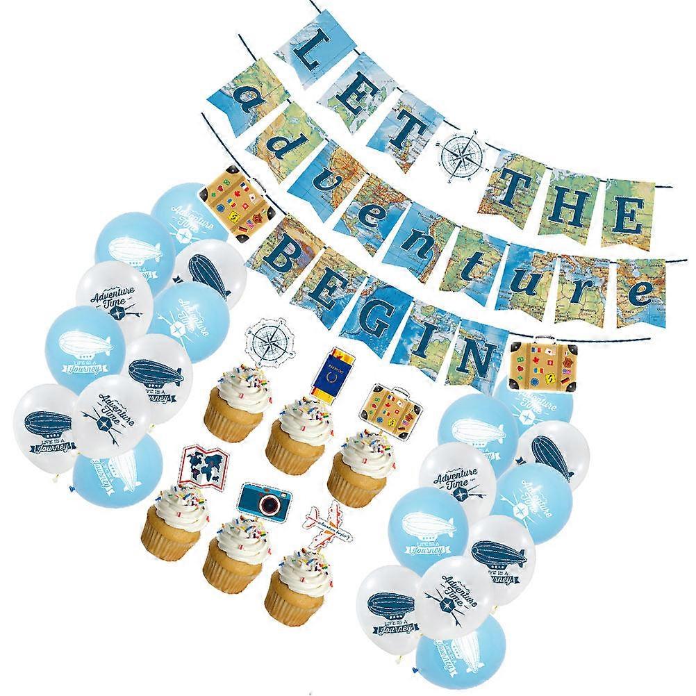 Blue Travelthemed Party Banner and Cake Topper Set for Decoration with Latex Balloons and Paper Banners 49 Pcs