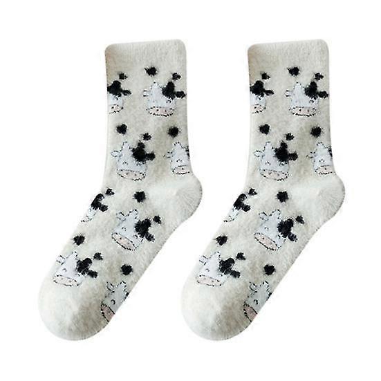 1 Pair Winter Floor Socks Cartoon Cow Dinosaur Print Color Matching Thick Fleece Mid-tube Anti-slip Elastic Warm Soft Ankle Protection Lady Socks