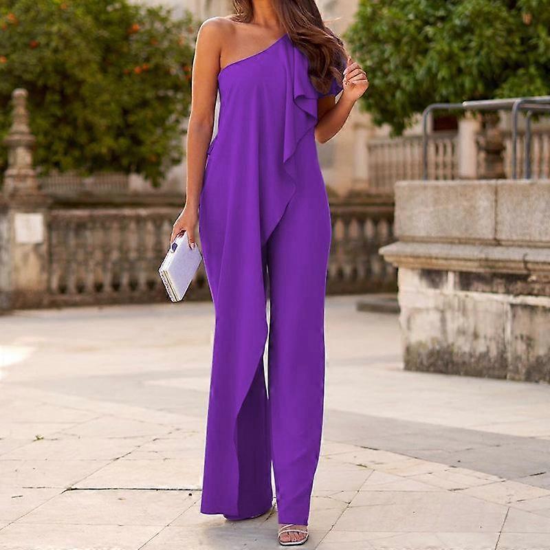 Summer Women's Fashion Solid Colour Loose Diagonal Shoulder Long Jumpsuit