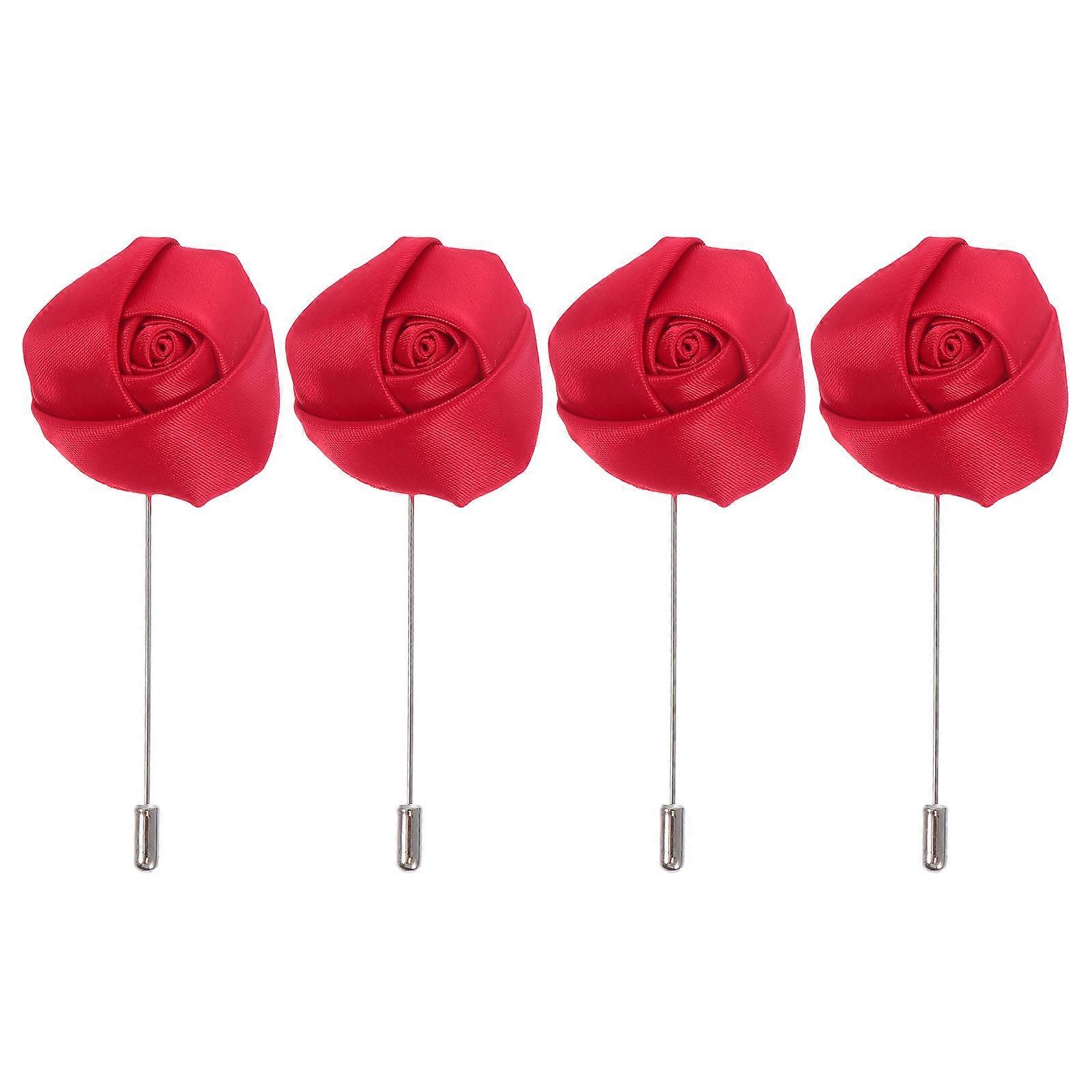 Groomsmen Boutonniere Wedding Red Rose Shape Chiffon 4Pcs