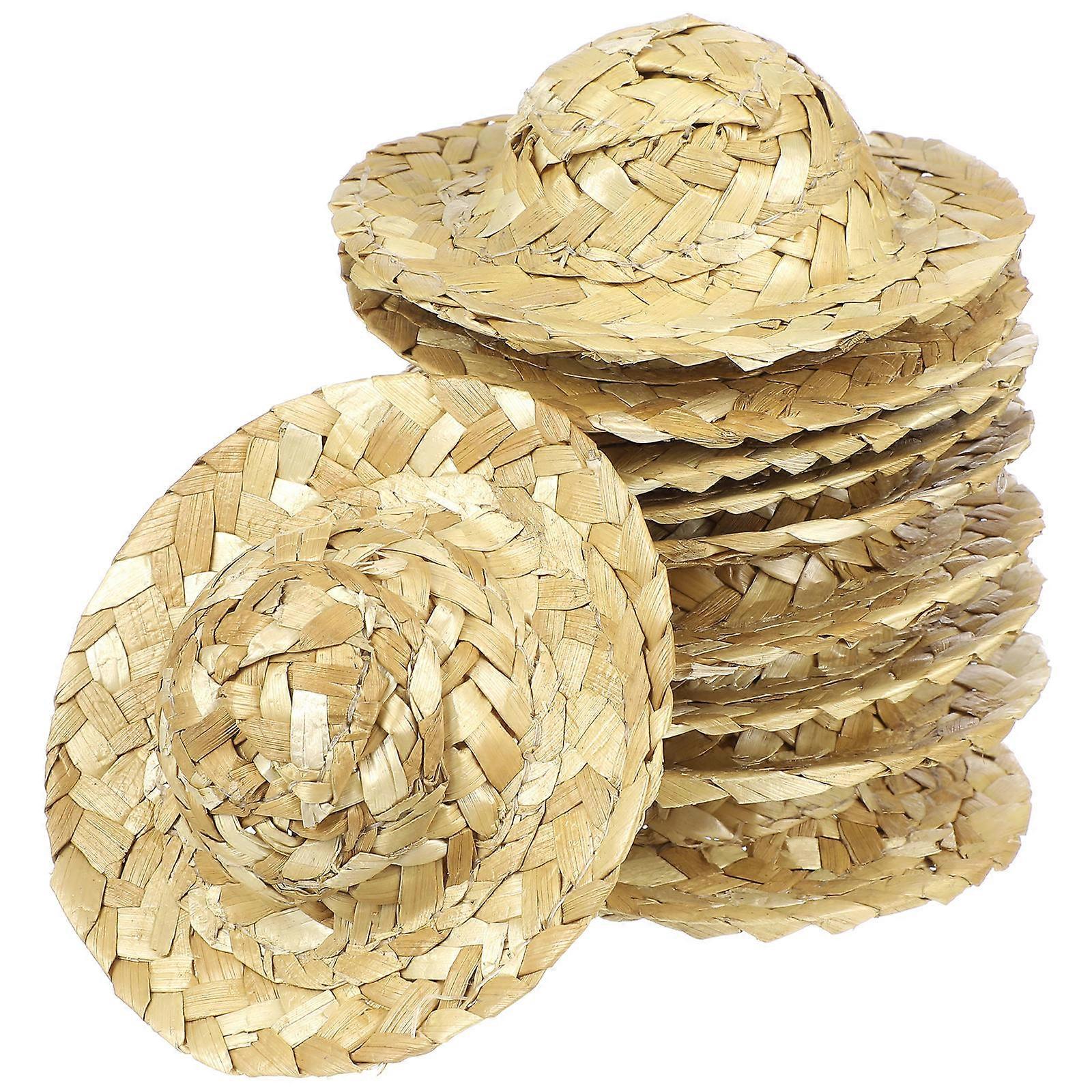 Khaki Handmade Mini Straw Hat for Decoration 10Pcs Creative Doll Accessories