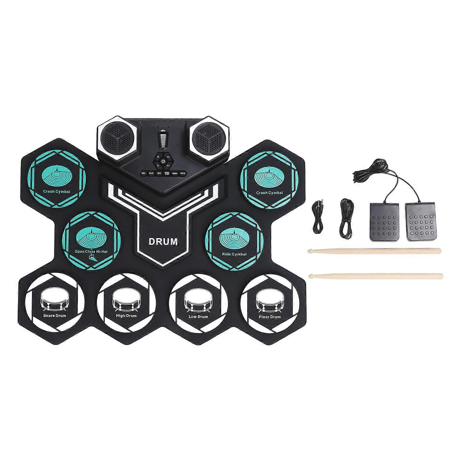 Electronic Drum Set Simulation Sound USB Rechargeable Silicone Roll Up Drum Practice Pad with Foot Pedal