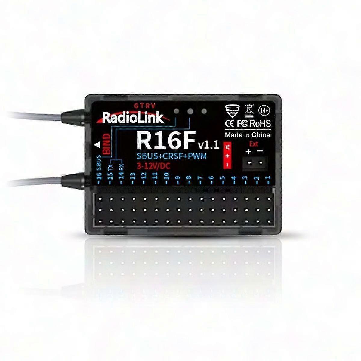 Radiolink R16F 16CH 2.4GHz RC Receiver with Gyro & Voltage Telemetry, 600m Range for RC Car Boat Airplane
