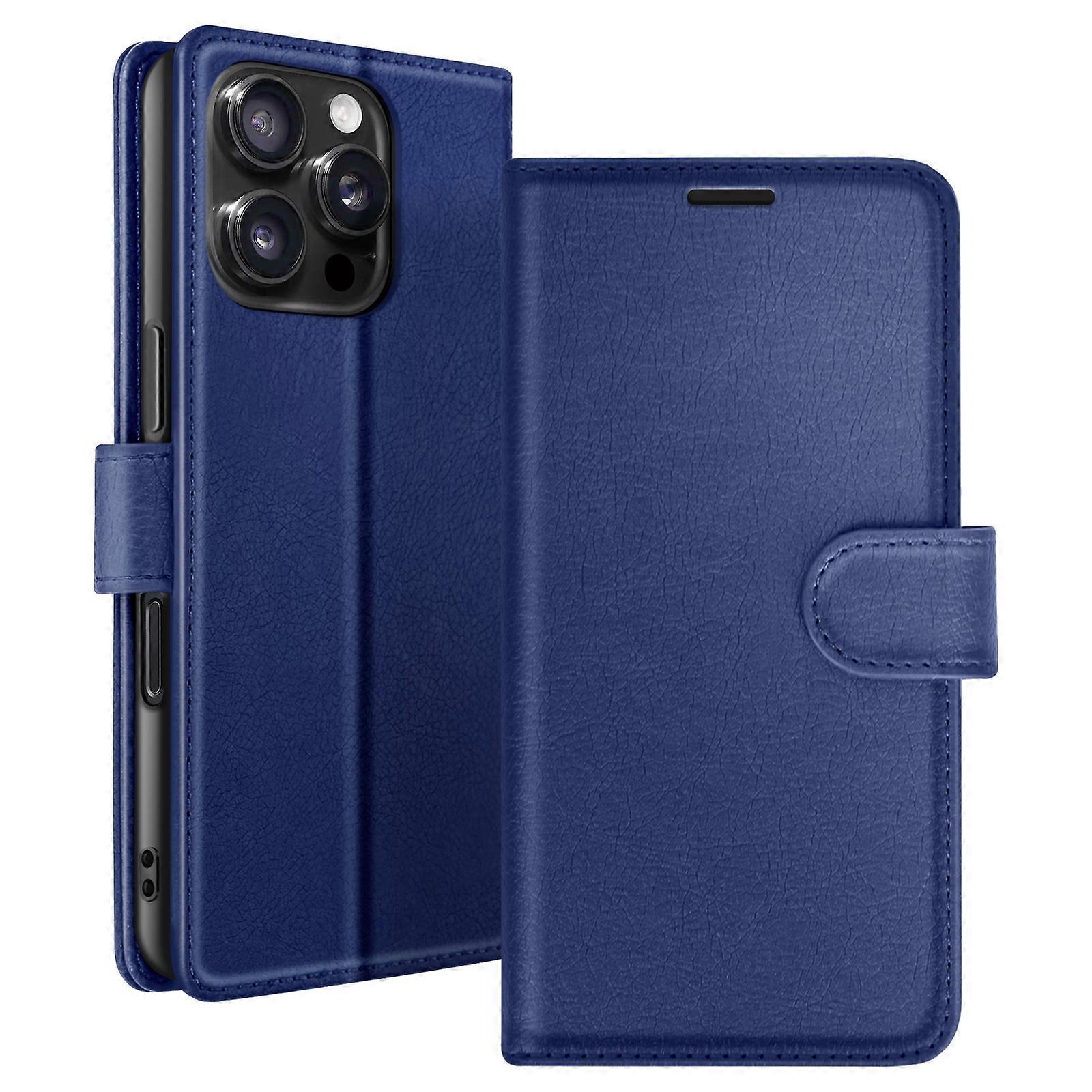Wallet Case for iPhone 16 Pro Max with Stand Function and Magnetic Tab, Dark Blue