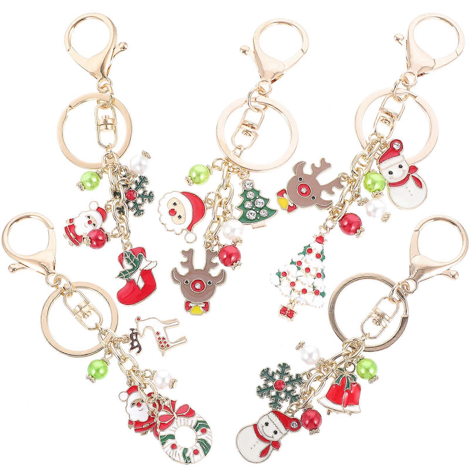 Key Ornament Christmas Key Rings Cartoon Snowman for Gifting Occasions Assorted Color Alloy Material 5Pcs