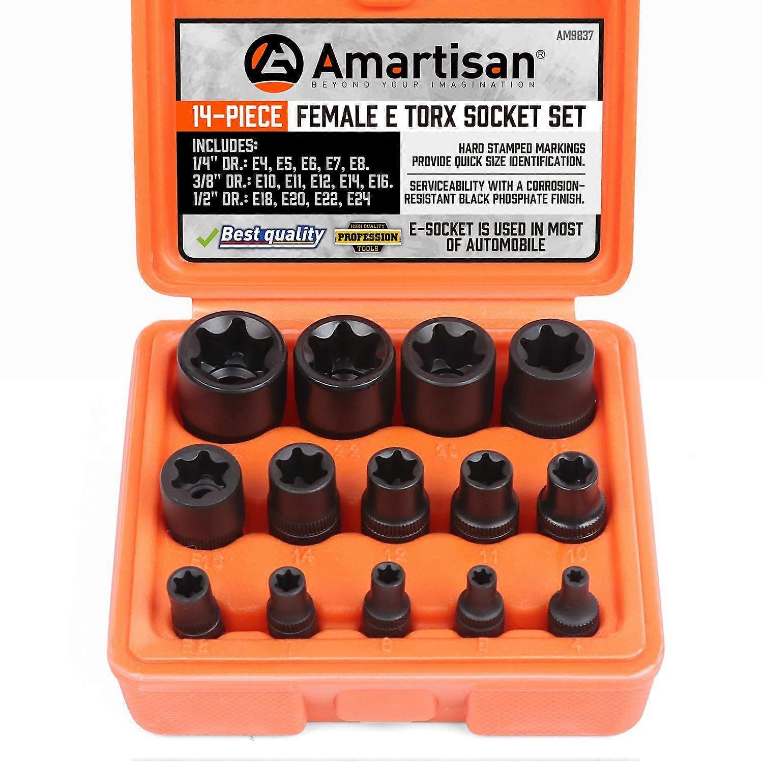 14 PC E Torx Star Female Bit Socket Set 1/4" 3/8" 1/2" Drive E4 to E24 for Automotive and Mechanical Use