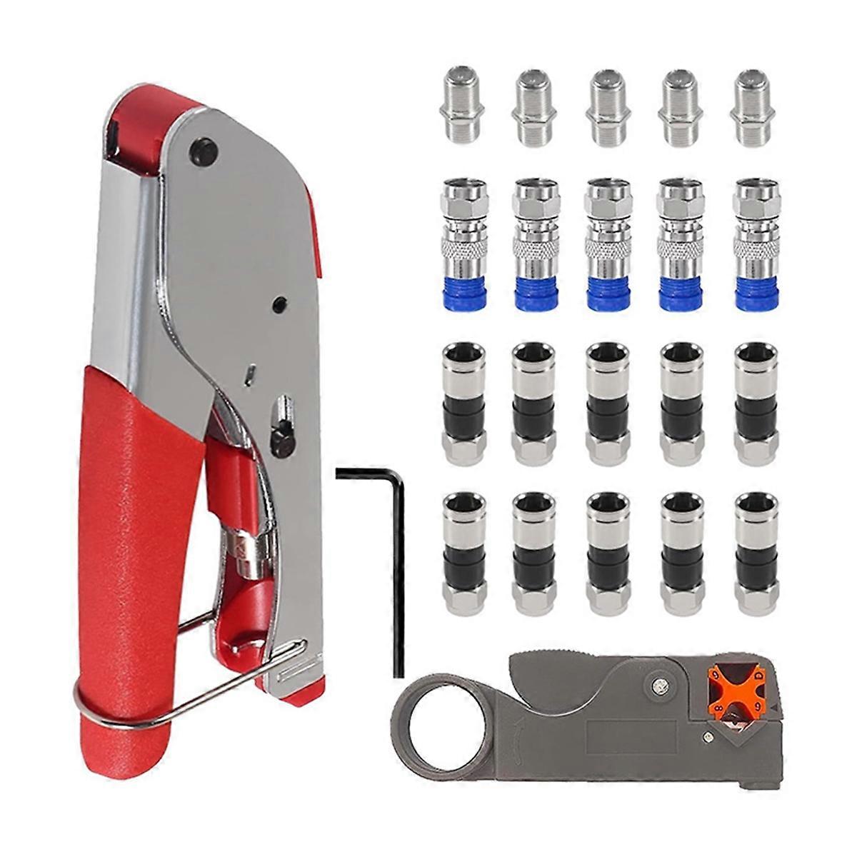 Coax Cable Crimper Tool Kit with 20pcs F Type RG59 RG6 Compression Connectors Coaxial Cable Compression Tool Kit
