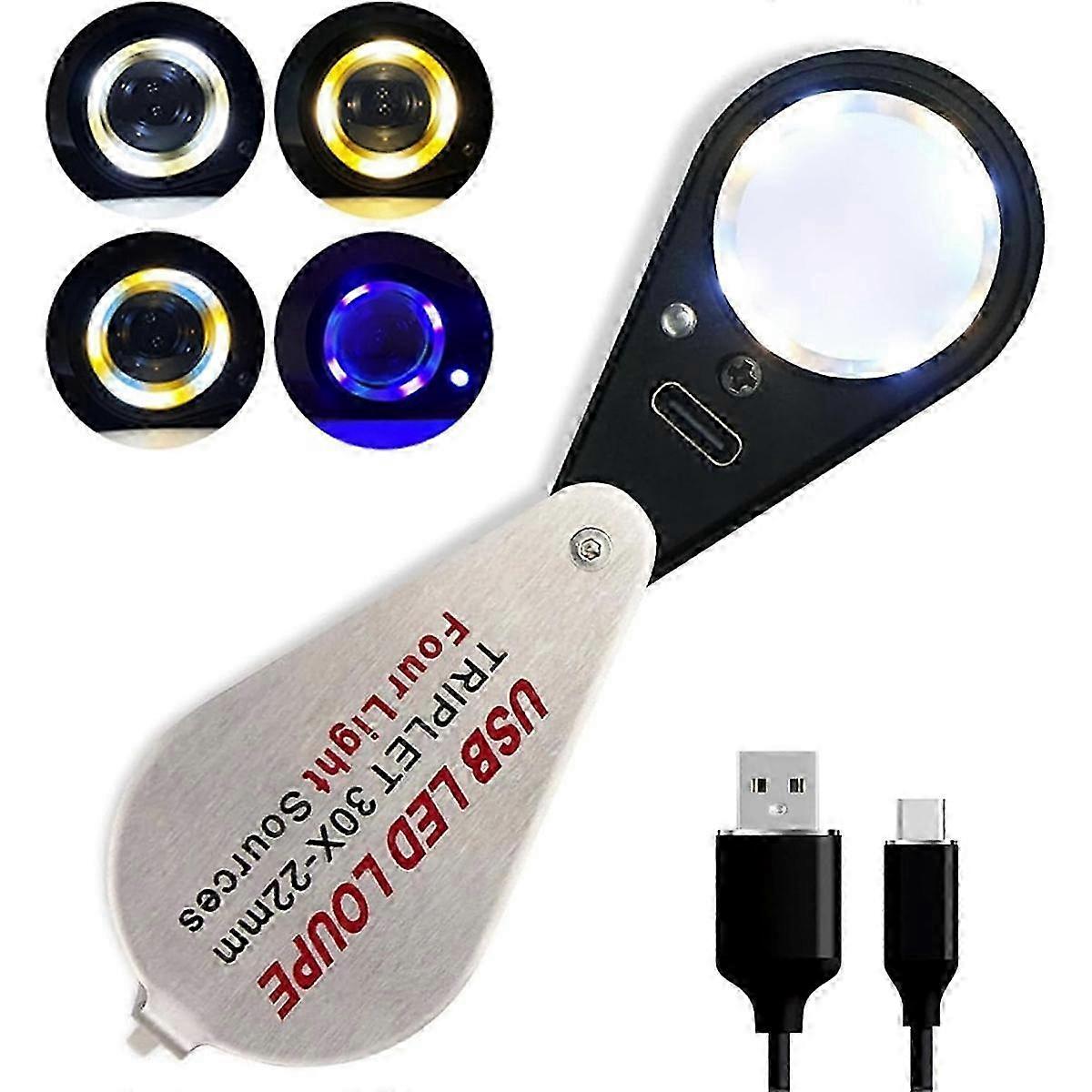 Jewelers Loupe Magnifier with USB Rechargeable UV & LED Lights, 30X Magnification, Four Light Modes for Gemstone Inspection