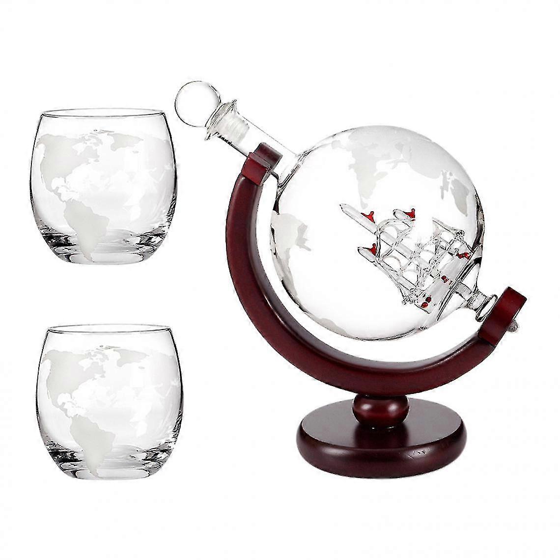 Whiskey Globe Decanter Set 850ml with 2 Glasses Wooden Base Ship Pattern