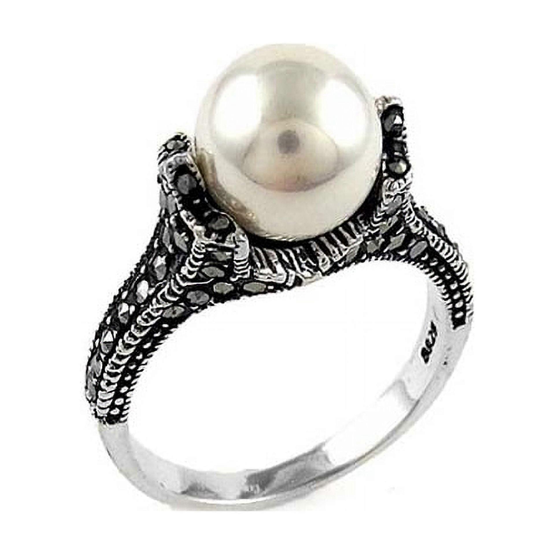 Genuine Marcasite Sterling Silver Pearl Ring Multiple Colors Sizes 6-9